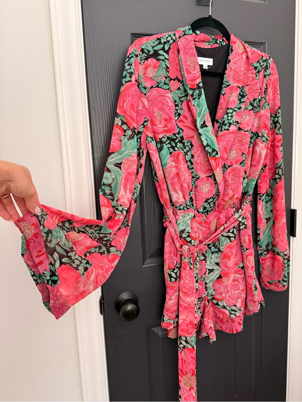 vestique Pink Floral Wrap Jumpsuit with Green Leaves